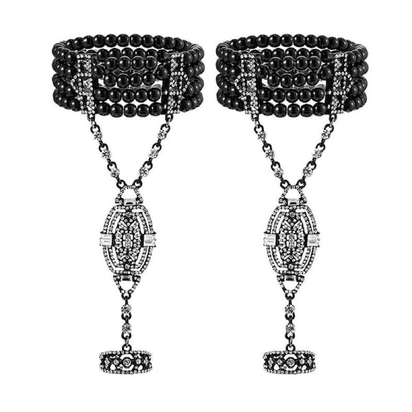 Nevenka 2Pcs Pearl Crystal Bracelet Ring All-in-one Chain for Women-Black