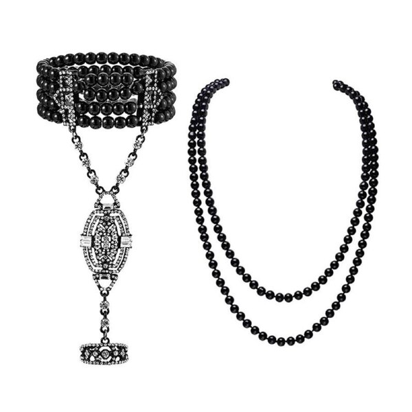 Nevenka Pearl Crystal Bracelet Ring All-in-one Chain + Layered Pearl Necklace-Black