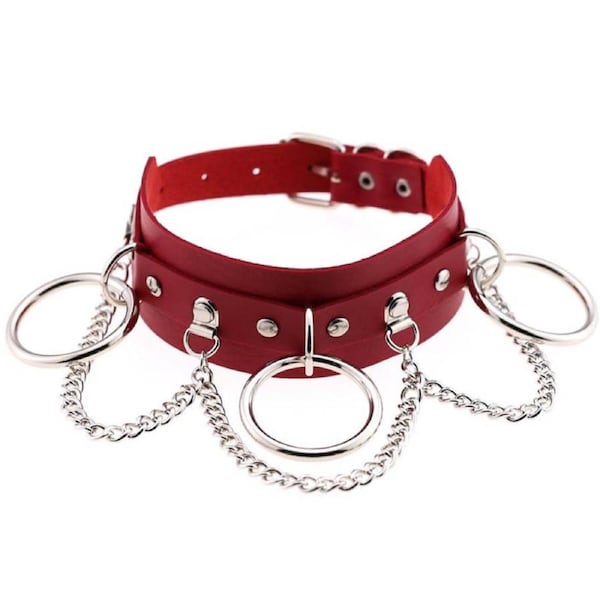 Nevenka Pu Leather Choker with Black Punk Rock Rivet Collar-Red