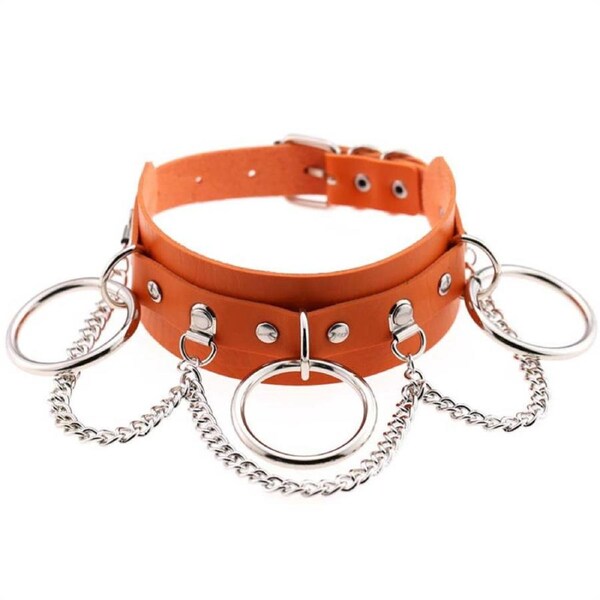 Nevenka Pu Leather Choker with Black Punk Rock Rivet Collar-Orange