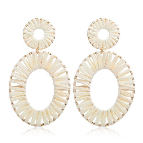 Nevenka Raffia Tassel Hoop Drop Earrings for Women Girls-White