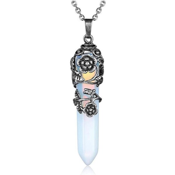 Nevenka Antique Silver Flower Wrapped Crystal Necklace-Opalite