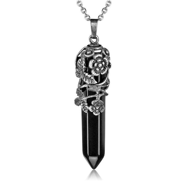 Nevenka Antique Silver Flower Wrapped Crystal Necklace-Black