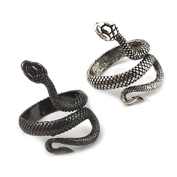 Nevenka Pack of 2 Reptile Snake Ring for Women-BlackSilver