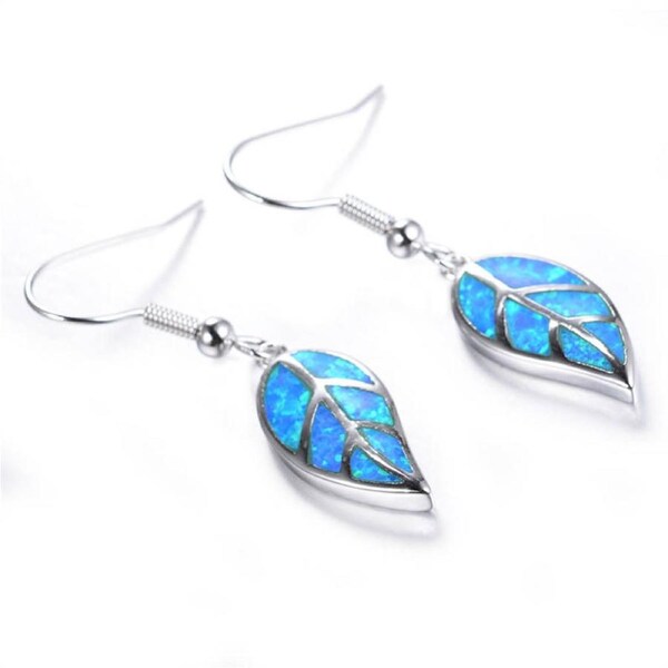Nevenka Fashion Opal Leaf Drop Dangling Earrings-Blue