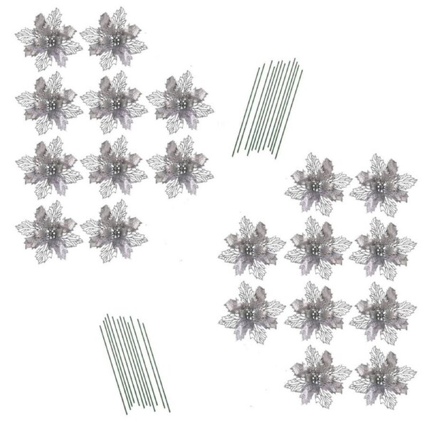 20xChristmas Glitter Poinsettia Flower W/ Stem Tree Wreath Hanging Wedding Decor