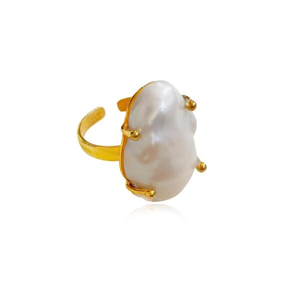 Culturesse Jaquetta 24K Gold Plating Sterling Silver Pearl Adjustable Open Ring