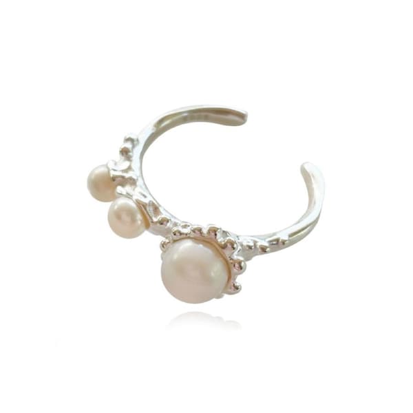 Culturesse Natural Freshwater Pearls Rhodium Plating Open Ring Sterling Silver
