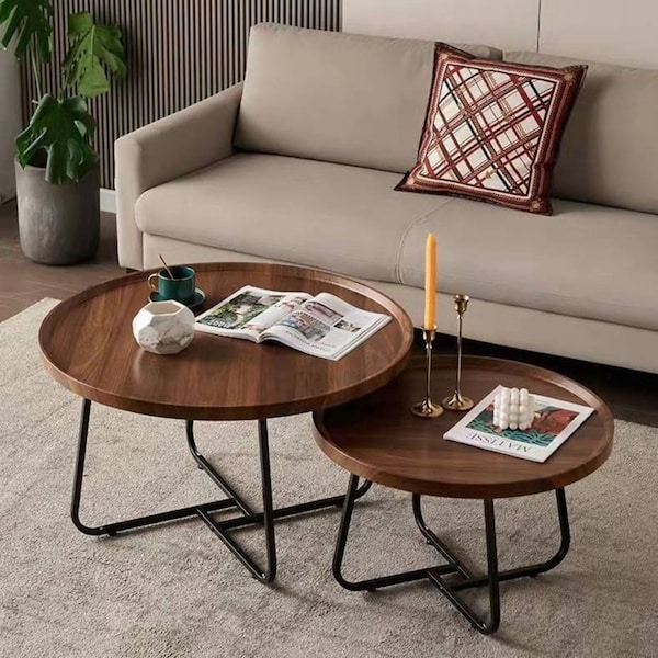 Rustic Round Nesting Side Table Set - Antique Wood Finish