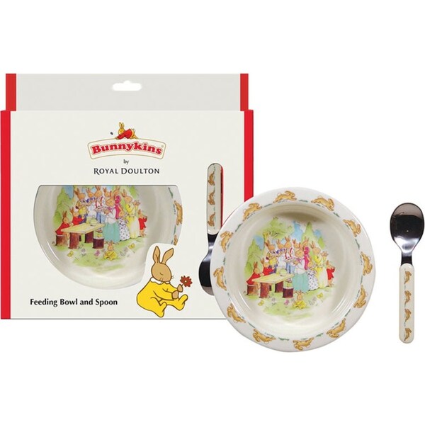 Bunnykins Feeding Bowl & Spoon Running Design Nursery Dinner Utensils 18M+ Red
