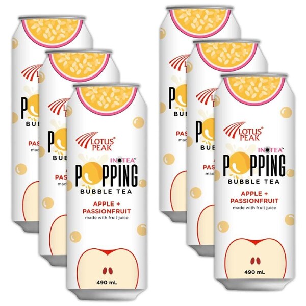 6pc Lotus Peak Inotea Canned Popping Bubble Tea Apple & Passionfruit Drink 490ml