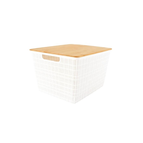 Home Expression 35x22cm Plastic Storage Basket w/ Bamboo Lid Organiser White