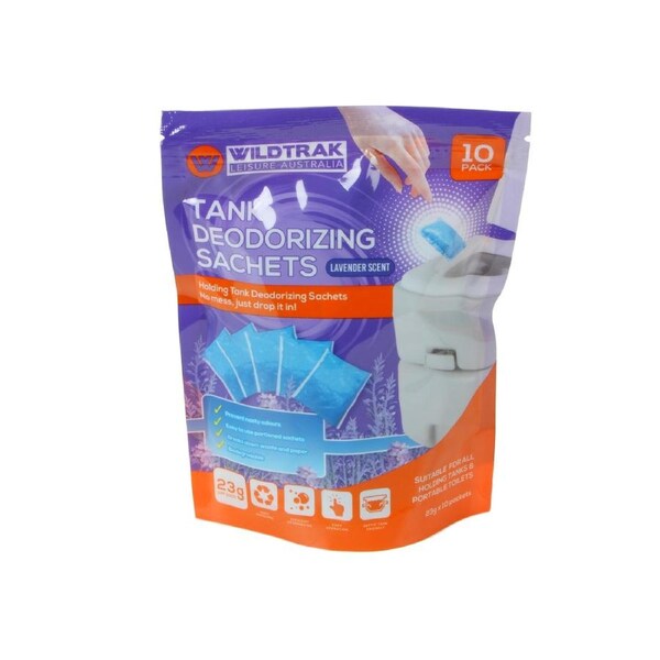 10PK Wildtrak 23g Portable Toilet Deodorising Sachets Holding Tanks Lavender