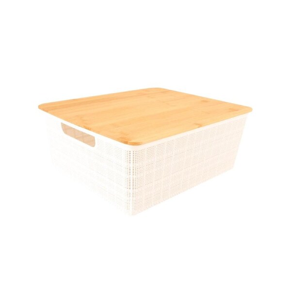 Home Expression 35x30cm Plastic Storage Basket w/ Bamboo Lid Organiser White