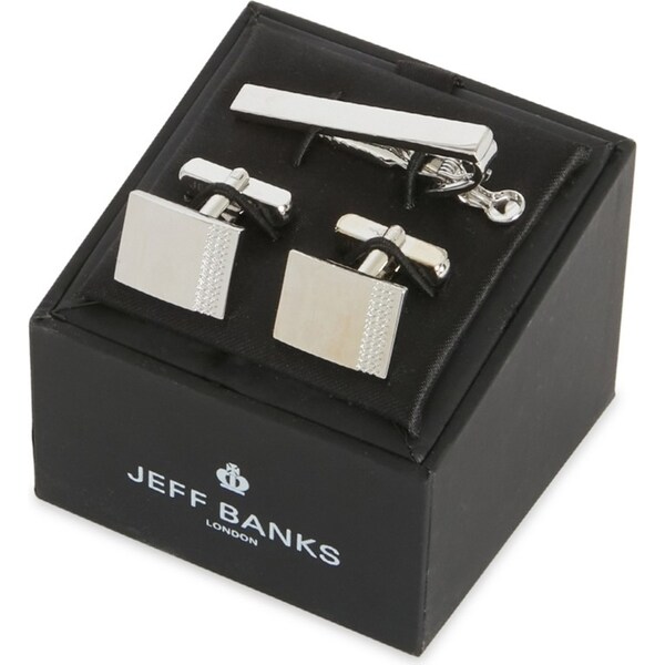 Jeff Banks Men's Stylish Smooth Metal Tie Bar & Cufflinks Set Polished Silver