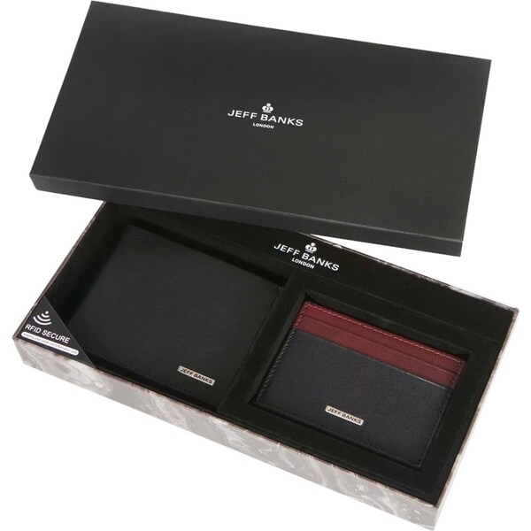 Jeff Banks Men's Wallet & Card Case w/RFID Protection Giftbox Black Set