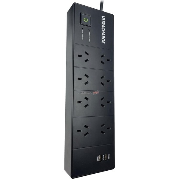 Ultracharge 8 Way Surge Protected Power Board With 2 USB Charging Ports Black