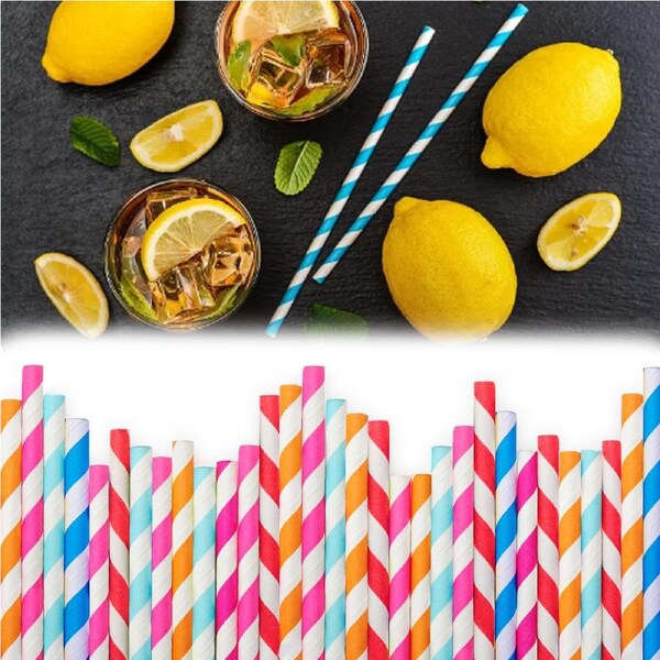 100x Colourful Paper Drinking Straws Straw Metallic Striped Party Wedding