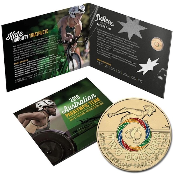 $2 2016 Australian Paralympic Team Carded UNC Coloured coin