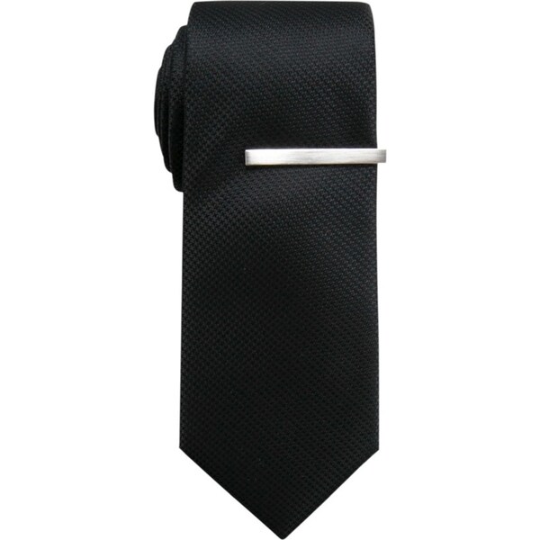 2pc Jeff Banks Men's Stylish Modern Formal Tie & Tie Bar/Clasp Set Plain Black