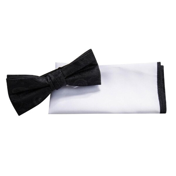 2pc Jeff Banks Men's Stylish Ivy League Bow Tie & Pocket Square Black/White