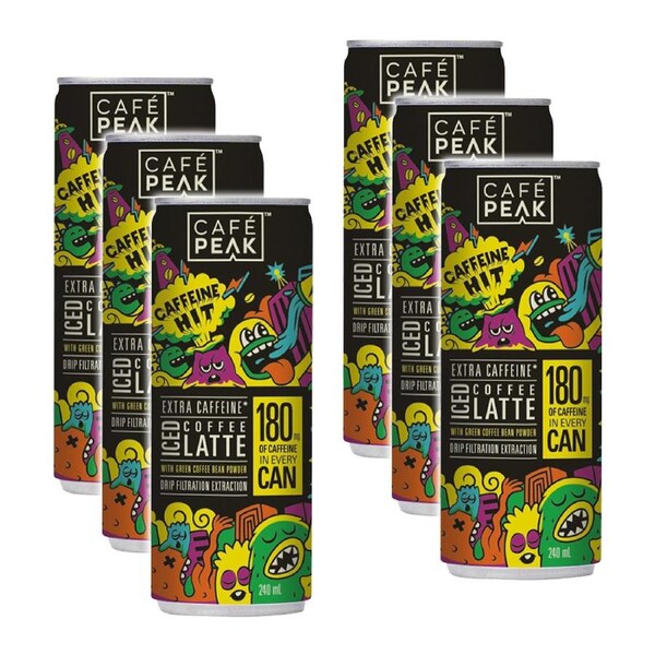 6pc Cafe Peak Canned Latte Flavoured Extra Caffeine Iced Coffee Drink 240ml