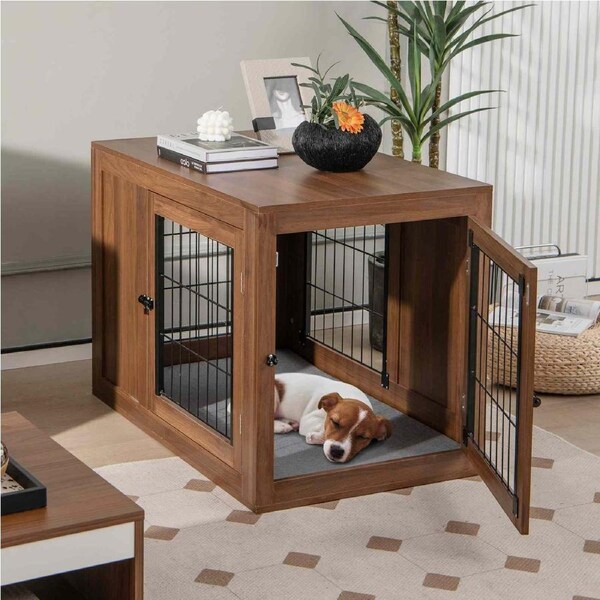 Costway Wood Dog House Side End Table Lockable Pet Kennel Puppy Crate w/Cushion & Steel Wire Mesh