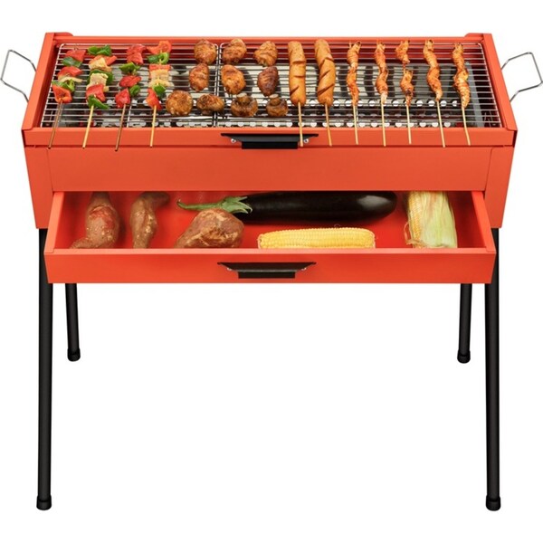 3-Tiers Orange Portable Charcoal BBQ Grill Barbecue Camping Hibachi Grill Outdoor Picnic Set With 2pcs Grill Mat Bonus