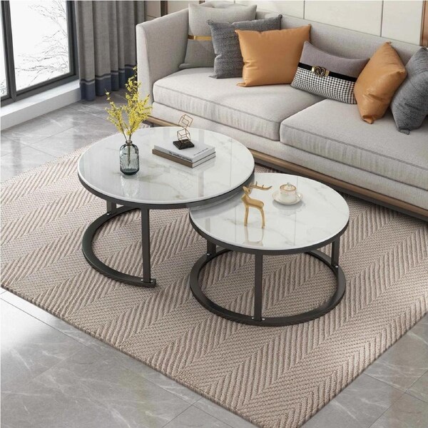 Coffee Table, Side Tables 2pc Set Tea Marble Look Glass