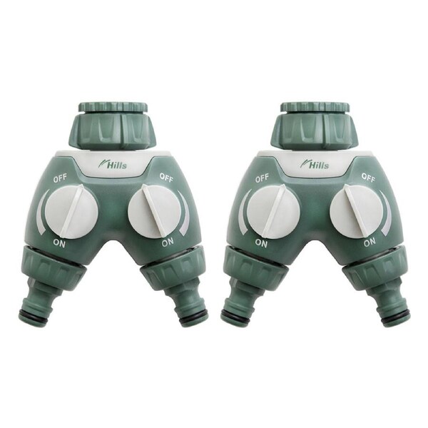 2x Hills Two Way Hose Tap Adaptor Outlet Connection Fitting Manifold Green/Grey