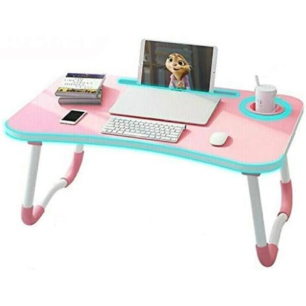 Laptop Stand Table Foldable Desk Computer Study Adjustable Cup Slot PINK