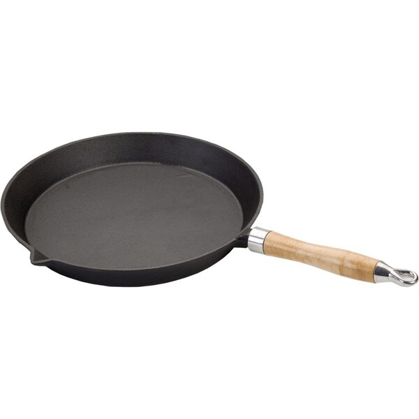 Wildtrak 29cm Cast Iron Frypan Camping Cookware Frying Pan w/ Wood Handle Black