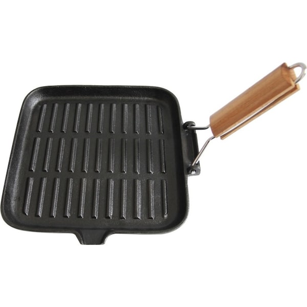 Wildtrak 24x24cm Cast Iron Griddle Pan w/ Wood Handle Camping Cookware Black