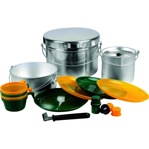 16pc Wildtrak Aluminium 4-Person Mess Kit Plate/Pot/Cup Camping Cookware Silver