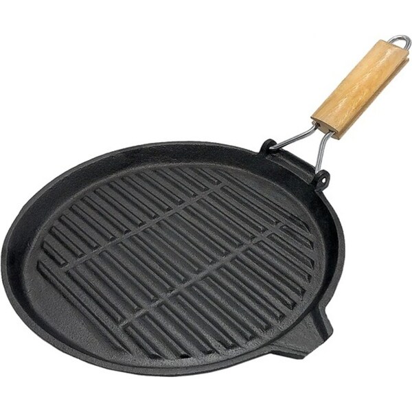 Wildtrak Round 24cm Grill Pan w/ Wood Handle/Pour Spout Camping Cookware Black