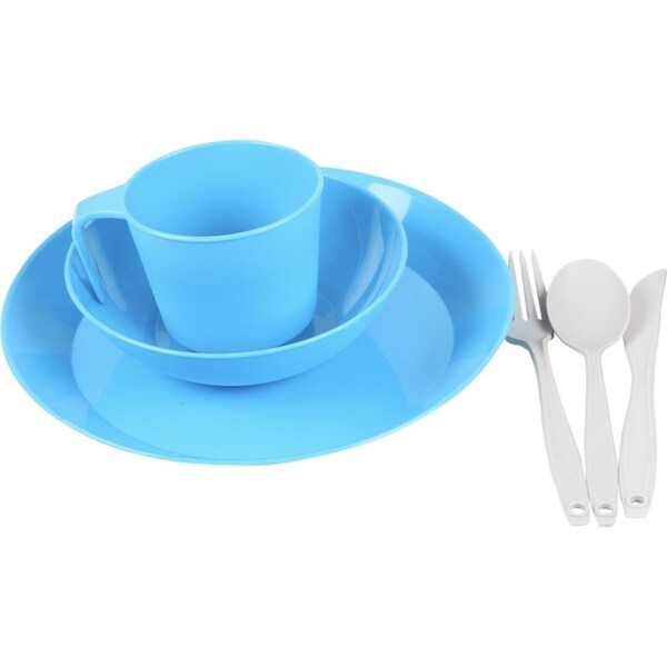 6pc Wildtrak Plastic Camp Dinner Set Plate/Bowl/Mug Spoon/Fork w/ Net Bag Blue