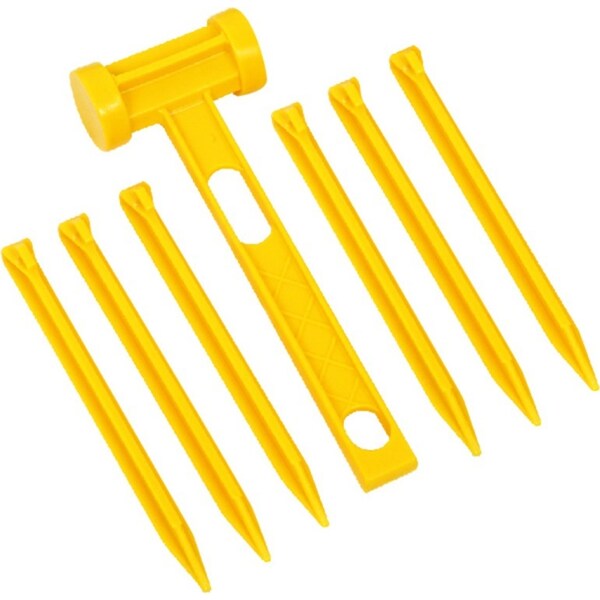 7pc Wildtrak Plastic Pegs & Double Headed Mallet Set For Camping Tent Yellow