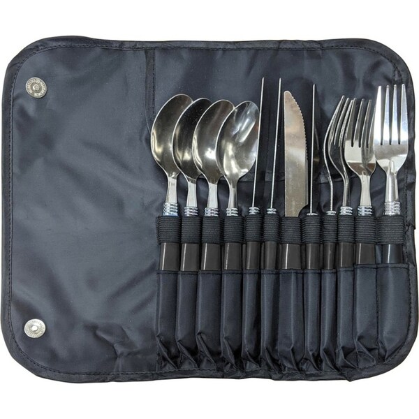 12pc Wildtrak Stainless Steel Outdoor Cutlery Set w/ Roll Up Travel Pouch Black