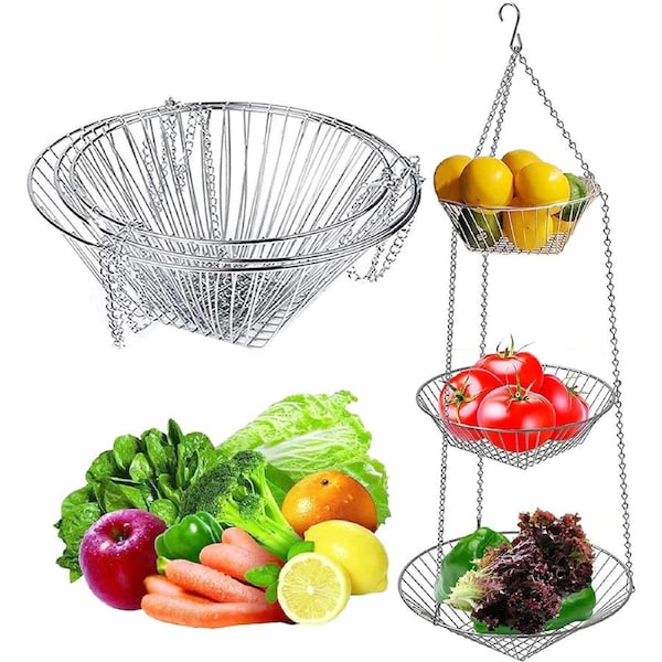 3 Tier Hanging Fruit Basket, Metal Wire Bowl Vegetable Holder