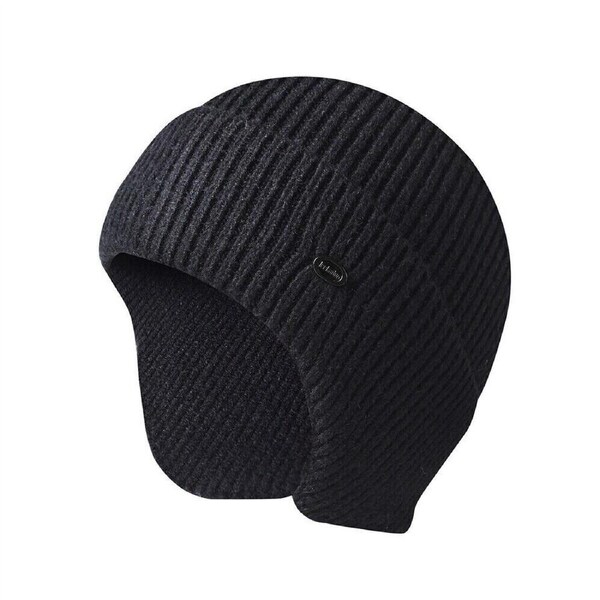 Beanie Hat With Earflaps Winter Warm Men Knitted Outdoor Ski Skull Cap - Black