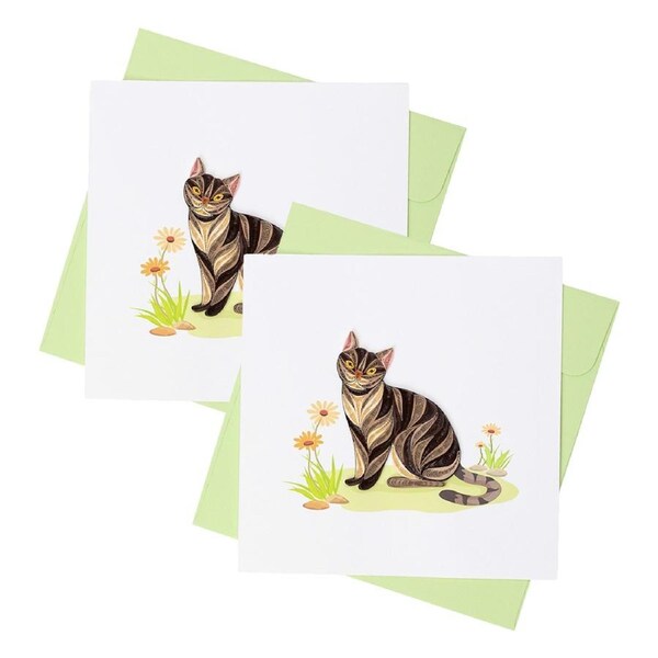 2x Boyle Quilled Handmade Cat & Flowers Greeting Card w/Coloured Envelope BRN