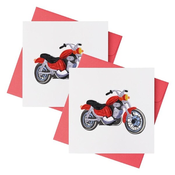 2x Boyle Quilled 15cm Handmade Motorbike Greeting Card w/Coloured Envelope Red
