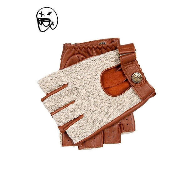 Dents Mens Suited Racer x Crochet Back Fingerless Driving Gloves - Tan X-Large