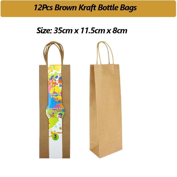 12 x Brown Kraft Bottle Paper Bag With Handle Wine Gift Party Wrap Bag DIY Craft