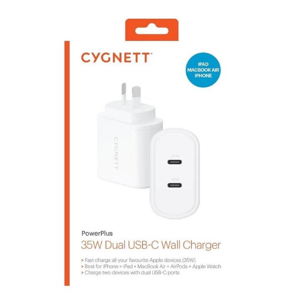 CYGNETT PowerPlus 35W USB-C PD Dual Port Wall Charger - White (CY4353PDWCH), 2xUSB-C PD (35W), Fast, intelligent Charger, 25W PPS, Laptop Charger