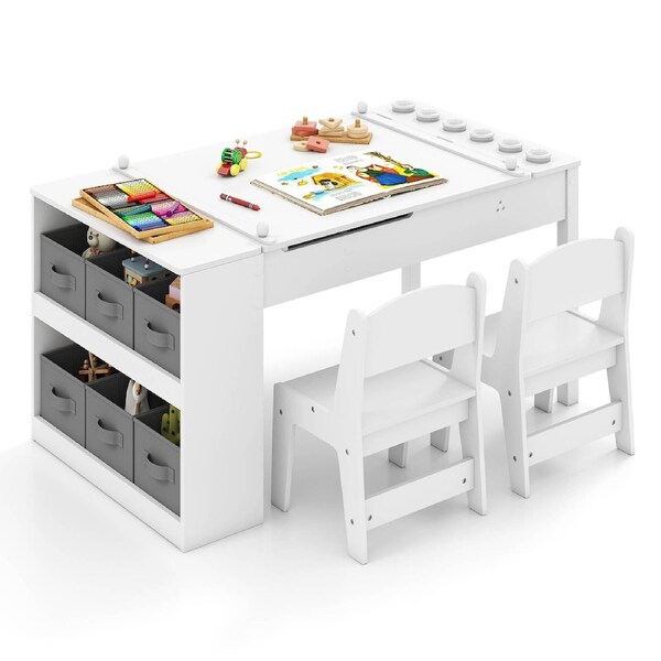 Giantex 2-in-1 Kids Table & Chairs Set Art Easel Table Children Activity Drawing Desk w/Storage Box/Paint Cups/Paper Roller, White