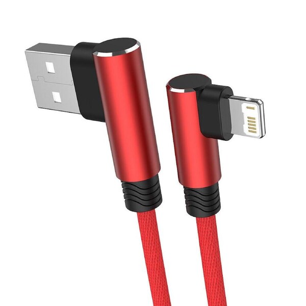 Braided 3A Fast USB 2M/6FT Cable Heavy Duty Charging Syn Charger For iPhone 14/13/12/11 Pro XS Max iPad 90 Degree Angle-Red