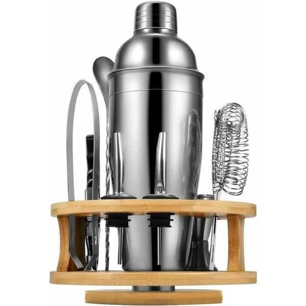 Cocktail Shaker Set Bartender Kit with Rotating Bamboo and 10-Piece Stainless