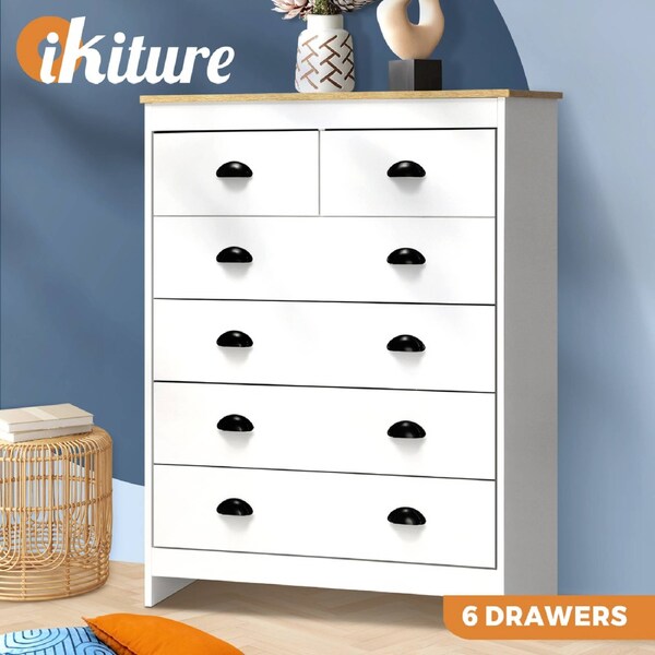Oikiture White Chest of Drawers 6 Drawer Dresser Table Tallboy Storage Cabinet