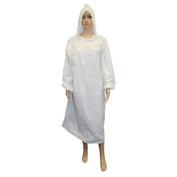 Livingstone Disposable White Poncho Rain Coat Recyclable LDPE Full Length Long Sleeves with Hood & Draw String 80 x 125cm 30um 100 Carton